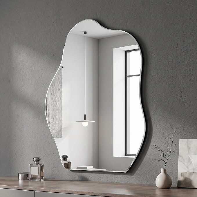 HARRITPURE Irregular Bathroom Mirror 20"x28" Black Modern Wall Mirror Wood Framed Asymmetrical Decorative Mirrors for Bedroom Living Room Entryway