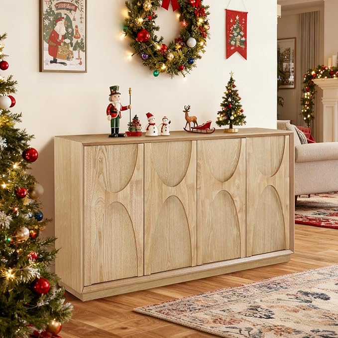 59" Sideboard Buffet Cabinet with Storage, Mid-Century Modern Sculpted Door Design Buffet Sideboard Accent Credenza with Adjustable Shelves for Living Room Kitchen Hallway (Natural)