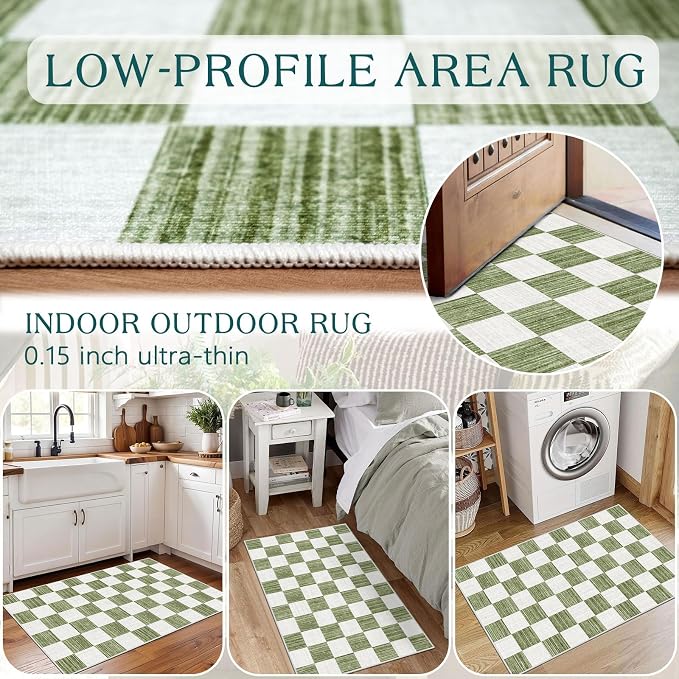 Front Door Mat Outside Entrance - 2x3 Green White Non-Slip Washable Doormat Indoor Outdoor Mat Entry Rug Geometric Checkered Small Layered Area Rug for Entryway Kitchen Front Porch Decor