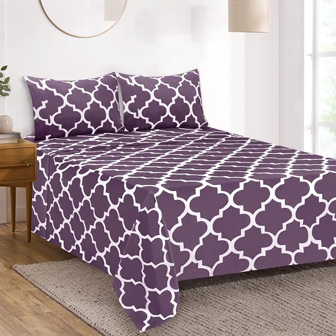 Mejoroom Full Bed Sheet Set - Super Soft Brushed Microfiber 1800 Thread Count Sheets with 16 inch Deep Pocket - Wrinkle Free - 4 Piece(Full, Purple Quatrefoil with White Pattern)