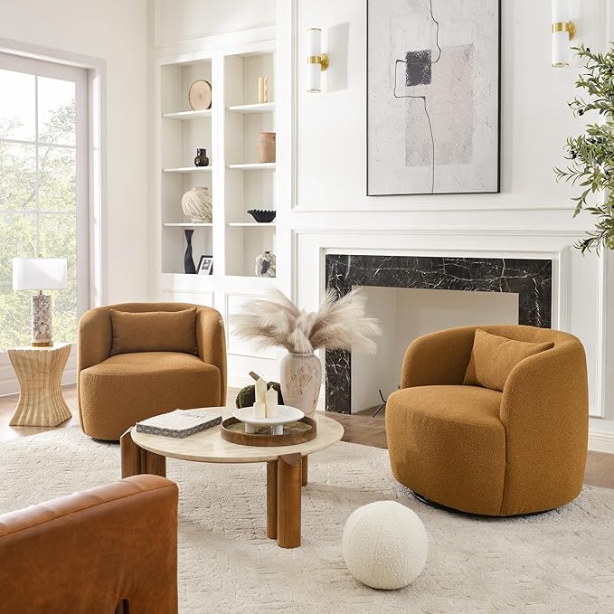 KINWELL 34" Wide Boucle Swivel Barrel Chairs Set of 2, No Assembly Round Upholstered Armchairs Accent Chairs Single Sofa Chair with Toss Pillow for Living Room and Bedroom, Brown