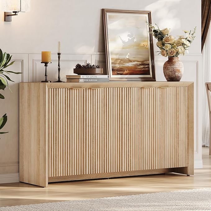 ONBRILL Fluted Sideboard Buffet Cabinet with Storage, Wooden Modern Fluted Sideboard with 4 Doors and 5 Adjustable Shelves, Coffee Bar Table for Dining Room, Hallway, Kitchen (Natural Oak)