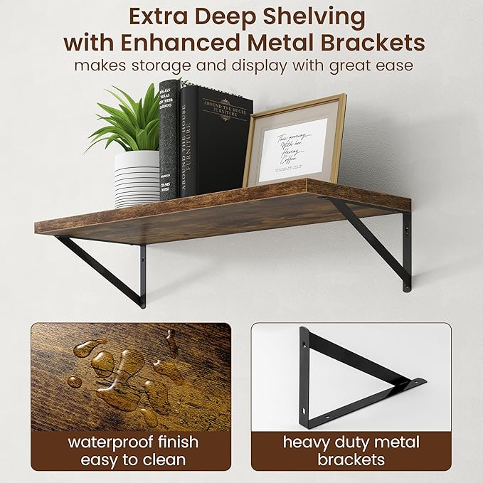 Axeman Deep Floating Shelves - 30 Inch Floating Shelves Set of 2-12 Inch Deep Brown Wood Wall Shelves for Living Room Bathroom Kitchen