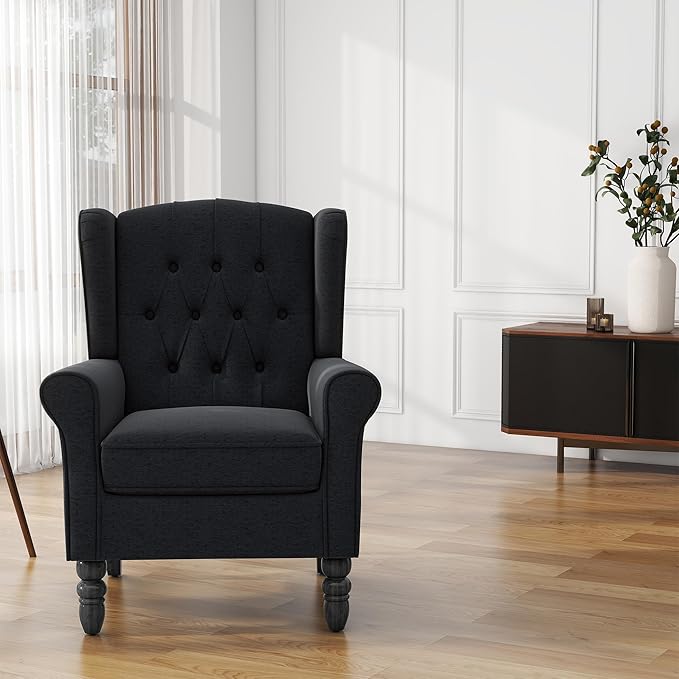High Back Accent Chair, Fabric Wingback Chair Upholstered Armchair for Living Room, Comfy Single Sofa Bedroom Reading Seat with Retro Solid Wood Legs - Black Blue