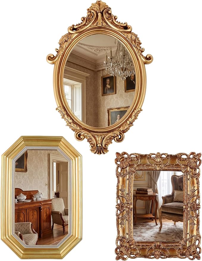 Wonderjune 3 Pcs Vintage Gold Mirror Set Wall Decorative, 8-15in Vintage Wall Mirror Hanging Antique Hanging with Stand for Living Room Home Wedding Decor(Court Baroque Style, 15in/11in/10in)
