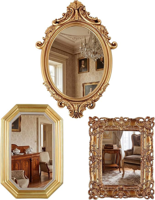 Wonderjune 3 Pcs Vintage Gold Mirror Set Wall Decorative, 8-15in Vintage Wall Mirror Hanging Antique Hanging with Stand for Living Room Home Wedding Decor(Court Baroque Style, 15in/11in/10in)