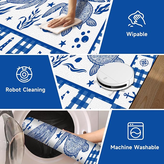 Sea Turtle Rug Coastal Ocean Print Floor Mat Blue and White Plaid Area Rug for Bedroom Living Room Nursery Kitchen Playroom Home Decor Non-Slip Washable Carpet,6'x9'