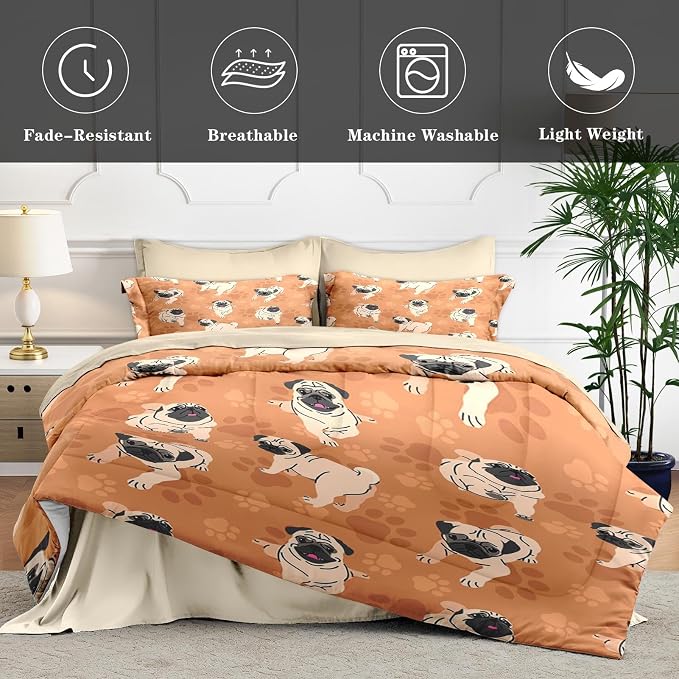 7Pcs Comforter Set Full Size, Cute Brown Pug Dog Lover, Bedding Decor Happy Puppy Animal Paws Gift Bedroom Bed Set with Flat Sheet Fitted Sheet Pillowcases Shams for Kids and Adults