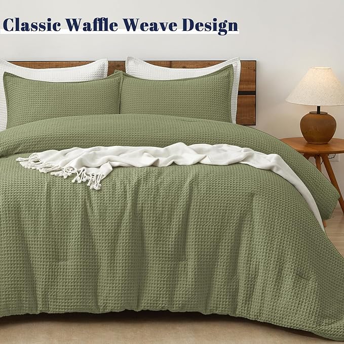 PHF Ultra Soft Waffle Weave Comforter Set King Size, 3 Pieces Lightweight Breathable Comfy Bedding Set, Comfy Textured 1 Comforter with 2 Pillow Shams, Olive Green