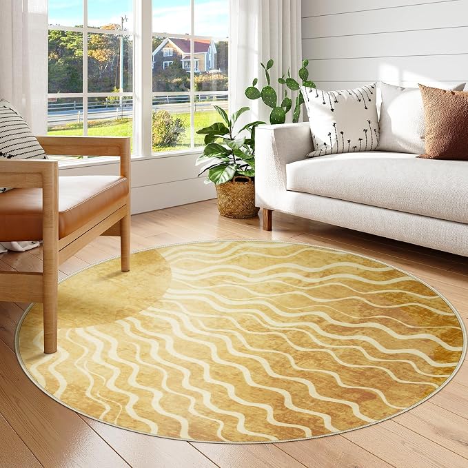 Wonnitar Sun Print Round Area Rug, Boho Washable 5ft Circle Rug for Kids Room Playroom, Gradient Yellow Ultra-Thin Non-Slip Round Carpet for Living Room Classroom Bedroom Entryway