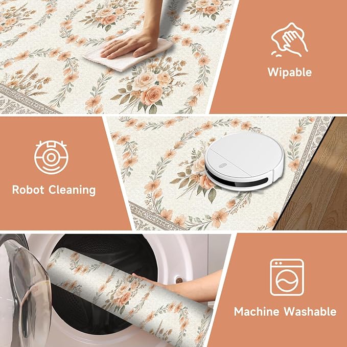 4'x6' Boho Floral Area Rug Vintage Peach Rose Carpet Non-Slip Washable Floor Mat Neutral Aesthetic Botanical Rug for Bedroom Living Room Nursery Kitchen Playroom Home Decor