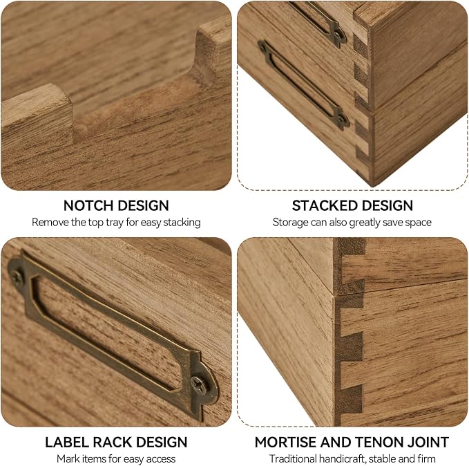 KIRIGEN Wood Desk Organizer Set of 2, Stackable Paper Tray with Metal Label Holders, Natural Wooden Letter Trays for Office Desktop, Mail, Files, Folders and Classroom Papers, Brown 2TTP-DBR