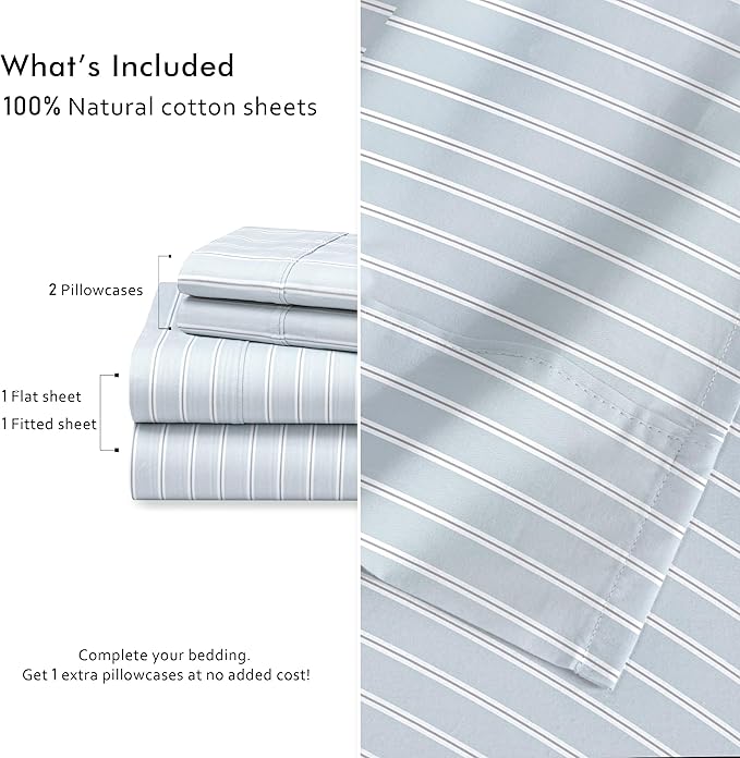 RUVANTI 100% Cotton Percale Sheets Twin Size 4 Piece Set, Cooling Bed Sheets for Hot Sleepers, Deep Pocket 16”, Breathable Lightweight & Durable, Crisp Hotel Style Sheets, Horizon Stripes