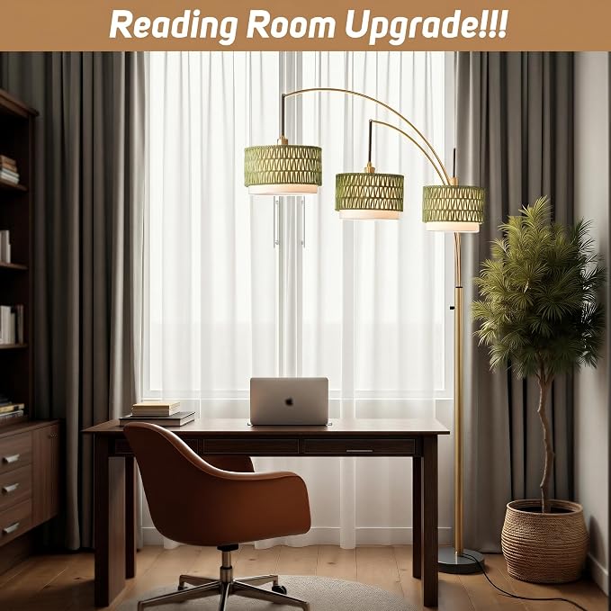 Gold Rattan Floor Lamp for Living Room, 80 Inch Tall Boho Floor Lamp with Rotary Switch, 3 Lights Arc Lamp with Green Wicker Shade for Coastal,Bohemian,Tree Farmhouse Standing Lamp