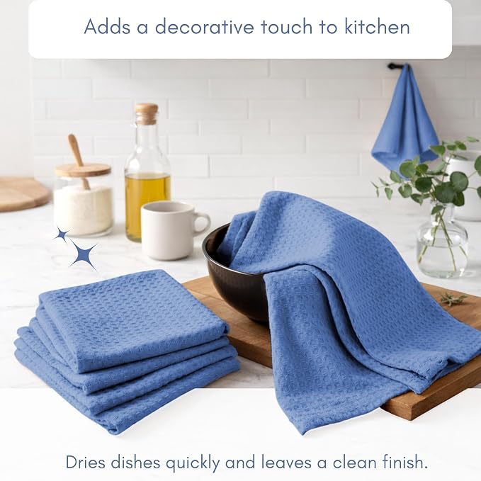TWINY threads Kitchen Towels Set of 4, 100% Soft Cotton Waffle Weave Dish Towels, Quick Drying, Tea Towel with Hanging Loop, Resuable Cloths for Table Cleaning, Dining, Parties, 16"x26", Sky Blue