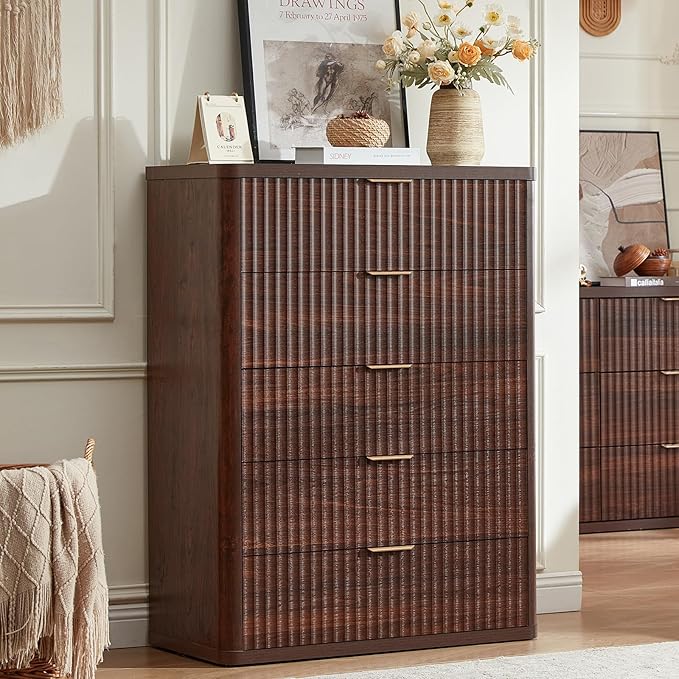LEYAOYAO Fluted 5 Drawers Dresser Set of 2, 41" Tall Modern Chest of Drawers with Metal Handle, Curved Profile Dresser TV Stand, Wooden Drawer Organizer for Bedroom, Living Room, Hallway, Walnut