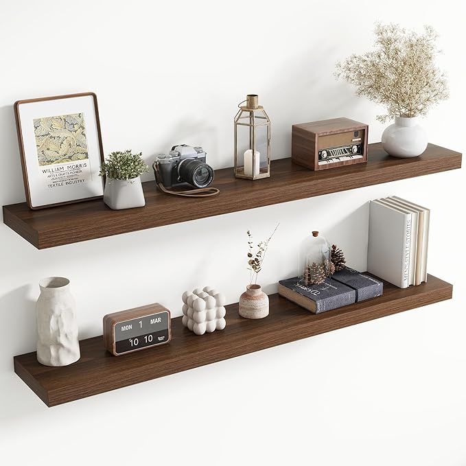 55 Inch Floating Shelves for Wall, 8 Inch Deep Floating Shelf for Storage & Display, Rustic Wall Mounted Shelf with Invisible Brackets for Living Room, Kitchen, Bathroom, Home Decor, Set of 2, Walnut