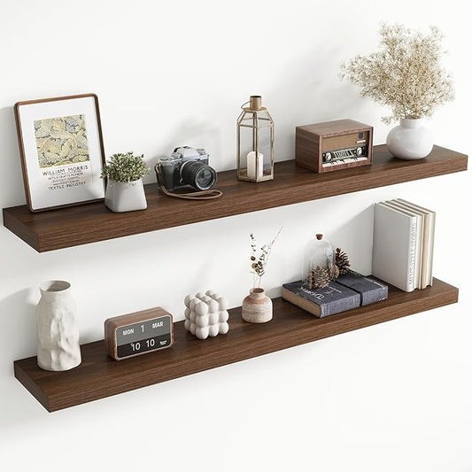 55 Inch Floating Shelves for Wall, 8 Inch Deep Floating Shelf for Storage & Display, Rustic Wall Mounted Shelf with Invisible Brackets for Living Room, Kitchen, Bathroom, Home Decor, Set of 2, Walnut