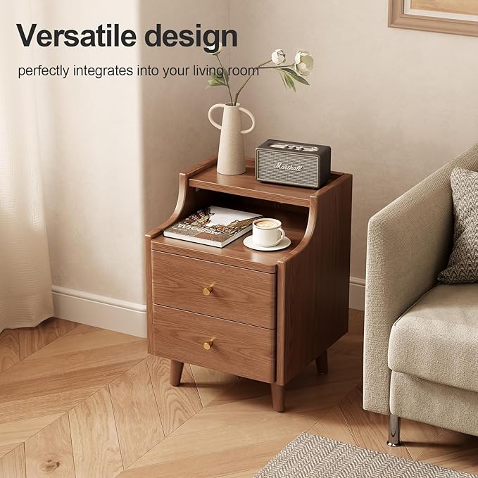 Narrow Nightstand with 2 Drawers,Walnut Nightstand,Bedside Table,Solid Wood Modern Bedside Table for Bedroom,Study,Toilet