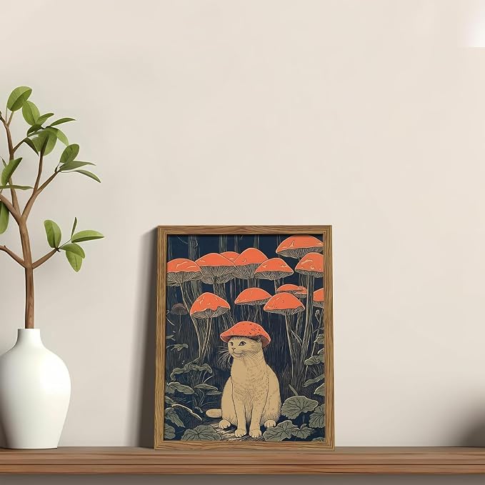 Framed Vintage Cat Wall Art, Whimsical White Cat with Mushroom Hat in Forest Canvas Print, Fantasy Quirky Woodland Animal Painting, Funny Retro Wall Decor for Living Room Bedroom Study 8x10in