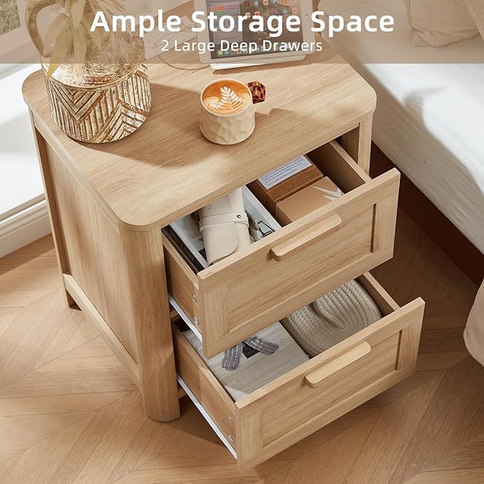 Farmhouse Nightstand Set of 2 with Charging Station, End Tables Bedroom with 2 Large Drawers & 4 Thickened Table Legs, Natural Wood