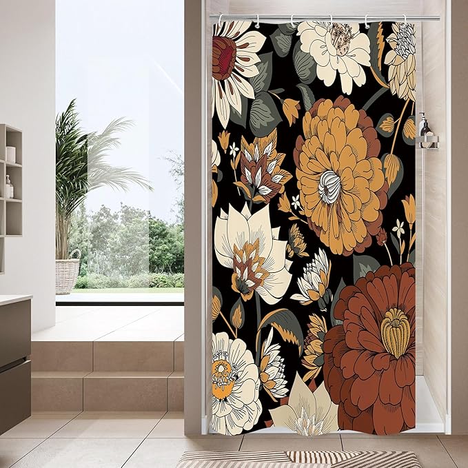MitoVilla Boho Floral Small Stall Shower Curtain 36 x 72, Abstract Flower Narrow Half Size Chic Shower Curtains for Mid-Century Bathroom Decor, Modern Shower Curtain 36 inch