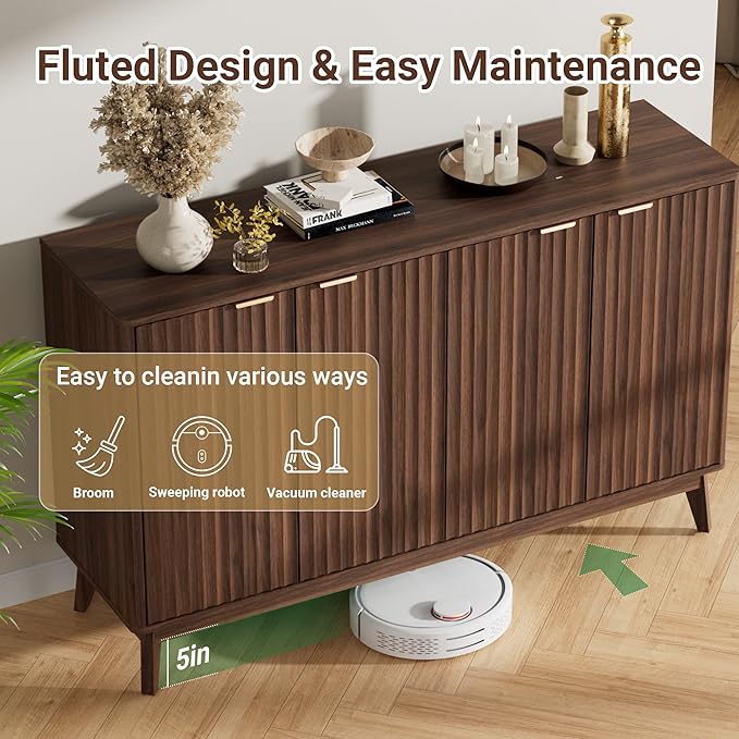 Buffet Cabinet, 55'' Walnut Coffee Bar Cabinet with Storage, Modern Fluted Sideboard Cabinet with Adjustable Shelf & Doors, Accent Credenza for Kitchen, Living Room, Entryway, Hallway