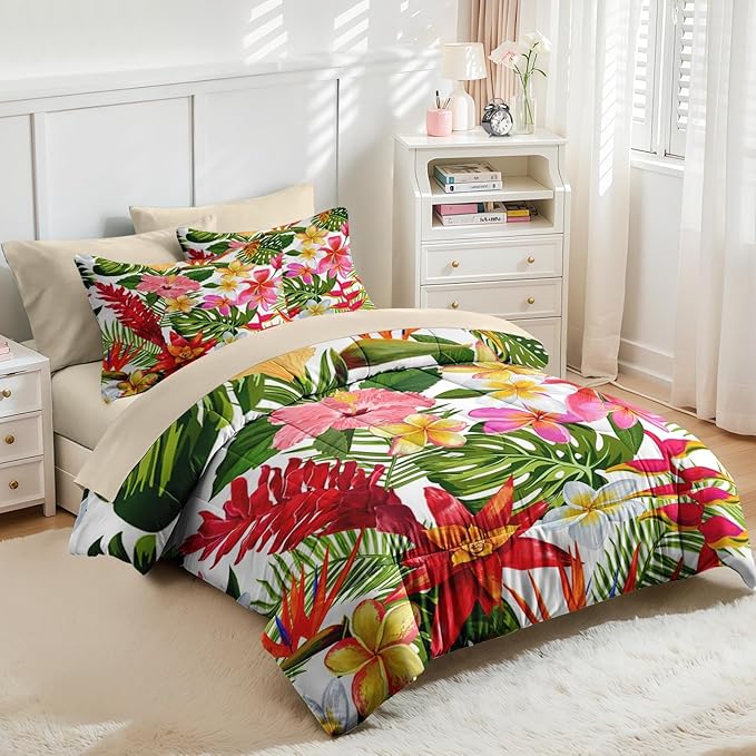 Nesker 7 Pcs Comforter Set Queen Size, Tropical Flower Palm Leaf Bedding Set for Kids and Adults, Leaves Floral Hibiscus Sheets Bed Sheet Sets with Fitted Sheet 2 Pillowcases & 2 Shams