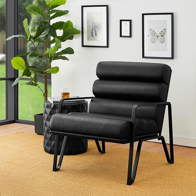 Glitzhome Accent Chairs for Living Room, Modern Armchairs with Metal V-Legs and PU Leather Cushion, Single Sofa Chairs for Living Room/Office/Study, Black