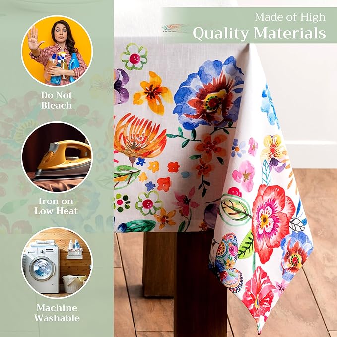 Maison d' Hermine Table Cloth Rectangle Table 100% Cotton 70 x 90 Inches Tablecloth Reusable Decorative for Dining Room Farmhouse Valentines Day Decorations Spring Summer - Happy Florals - High Summer