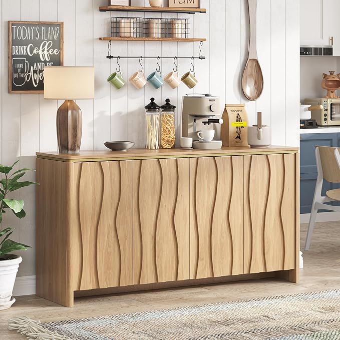 Vabches Fluted Buffet Cabinet with Storage, 3D Ripple Pattern Doors and Curved Edges, Modern Sideboard for Kitchen, Entryway, 4 Doors & Adjustable Shelf, Natural Wood, 57.9" W