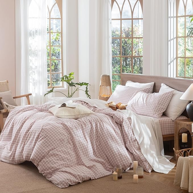 MooMee Gingham Duvet Cover Set 100% Washed Cotton Linen Like Textured Breathable Durable Soft Comfy Modern Checkered Design (Classic Gingham Greyish Pink, Queen 90"x90")