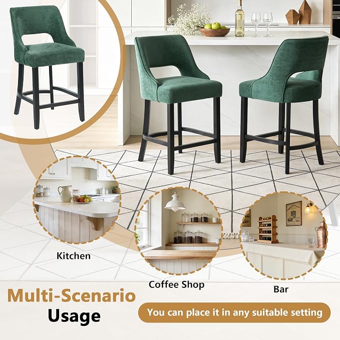 ClinQ Bar Stools Set of 1, 26" H Counter Height Bar Stools with Backs, Modern Upholstered Accent Barstools with Curved Footrest for Kitchen Island, Dining Room and Bar, Green-Black Legs