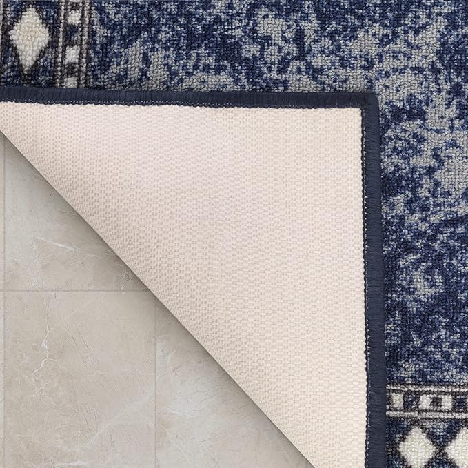 Antep Rugs Alfombras Modern Bordered 2x7 Non-Skid (Non-Slip) Low Profile Pile Rubber Backing Indoor Area Runner Rugs (Navy Blue, 2' x 7')
