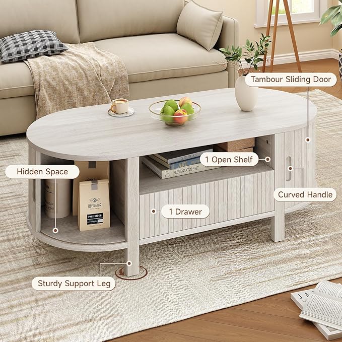ONBRILL 47.2 Inch Oval Coffee Table with Storage, Mid Century Modern Coffee Table with Drawer, Center Table with Sliding Door and Wood Fluted Handle for Living Room, Natural White