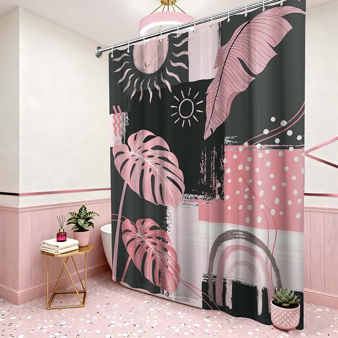 Extra Long Shower Curtain 96 Inchs Extra Tall Pink and Gray XL Mid Century Modern Boho Abstract Shower Curtains for Large Bathroom Decor Sets, Waterproof Cloth Fabric with Hooks, 70 x 96 Inch