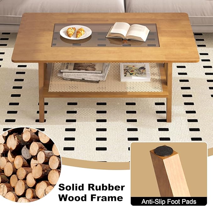 Mid Century Modern Coffee Table with Glass Top and Rattan Storage Shelf, Rectangular Natural Wooden Coffee Table, Unique Center Tables for Living Room Apartment Home, 39.4 Inch