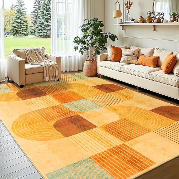 6x9 Area Rugs for Living Room, Soft Modern Geometric Rug for Bedroom, Washable Non-Slip Indoor Floor Abstract Carpet for Dining Room Nursery Home，Multi/Orange