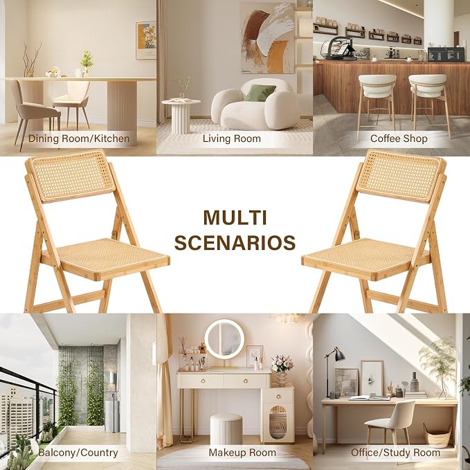 Furlide Rattan Folding Chair, Modern Mid Century Dining Chair Set of 1, Outdoor Bamboo Chairs for Bedroom Living Room Reading Room Dining Kitchen, Wood