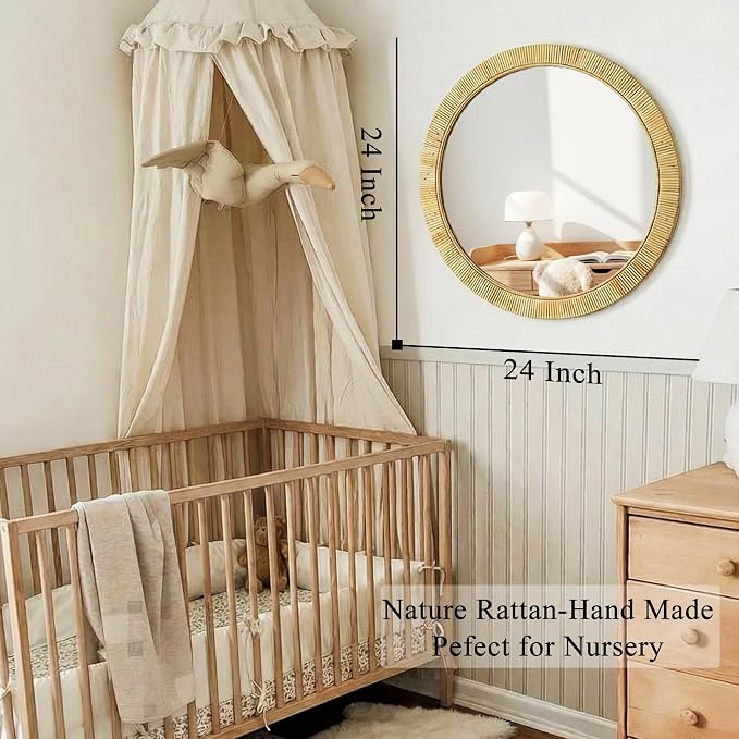 Decorative Rattan Wall Mirror, Boho Bathroom Modern Makeup Mirror, Rustic Wall Bohemia Mirrors for Bedroom, Living Room, Vanity Versatile Farmhouse, Nursery, Bathroom, 24"x24", Round