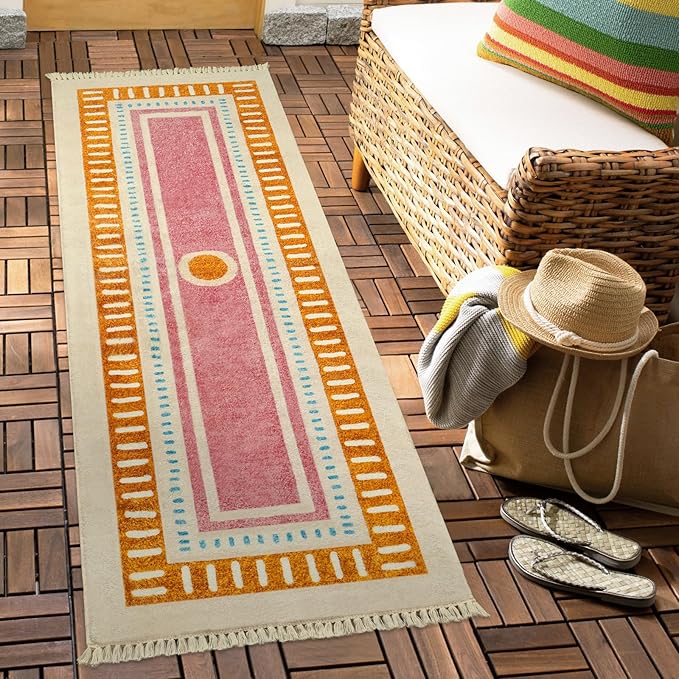Lukinbox Boho Bathroom Runner Rugs with Fringes, 2x6 Sun Washable Hallway Runner Rug, Extra Long Soft Non-Slip Orange Rainbow Area Rug for Kitchen Laundry Room Entryway