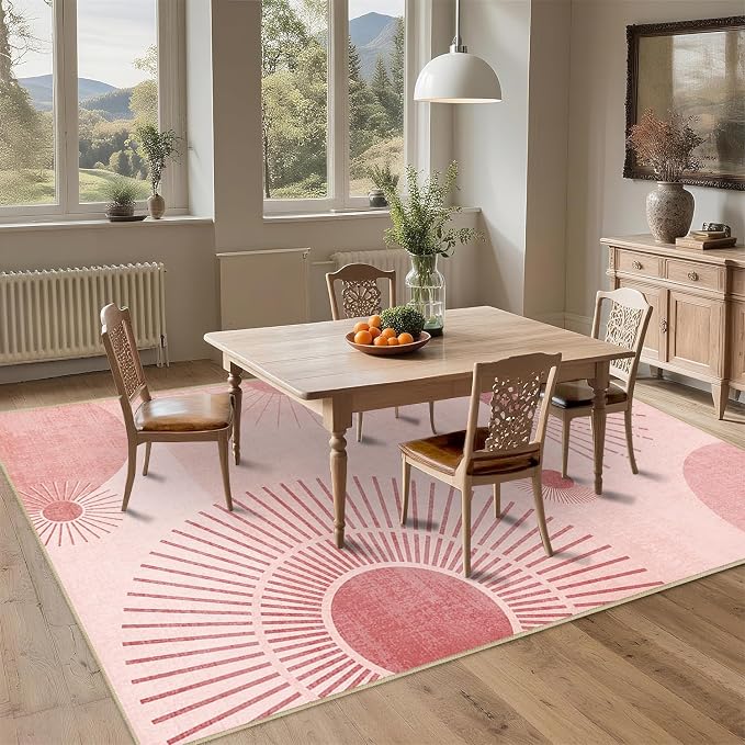 Large Area Rug 6x9 Sun Rug Living Room Mid Century Modern Rugs Machine Washable Boho Geometric Rug Non Slip Printed Low Pile Indoor Floor Carpet for Dining Room Bedroom Office,Pink