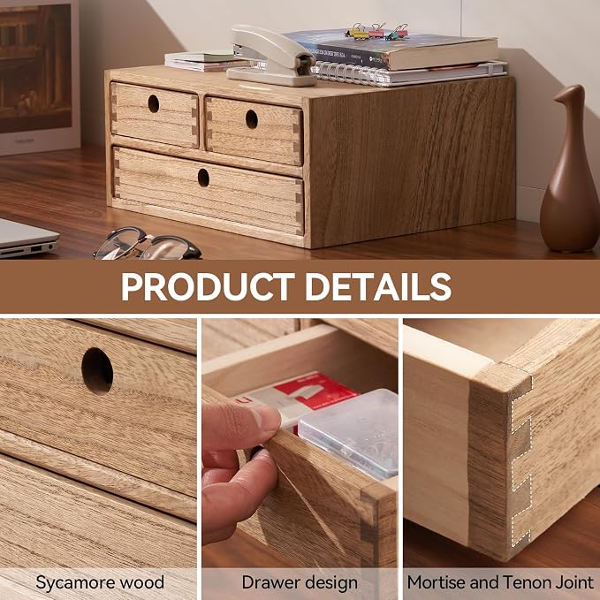 KIRIGEN Solid Wood Desktop Organizer with 3 Drawers - Multi-Layer Office Supplies Storage Rack for Documents, Stationery, Jewelry - Natural Wooden Desk Shelf Organizer Brown WJG23-DBR