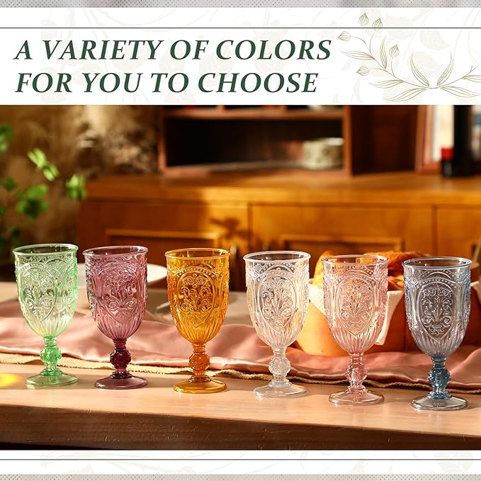 18 Pack Plastic Goblets 10oz Upgrade Vintage Water Goblet Plastic Wine Glasses Colored Retro Embossed Glassware for Party Wine Bar Juice Baby Shower Wedding Reception Grand (Blue)