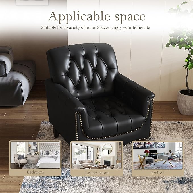 Pia Ricco Modern Tufted Accent Chair, Single Faux Leather Armchair with Nailhead Trim & Wood Legs, Comfortable Upholstered Seat for Living Room, Office - Black