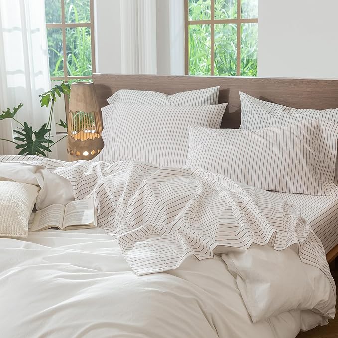 MooMee Striped Sheet Set 100% Washed Cotton Linen Like Textured Breathable Durable Soft Comfy (White Dark Orange Wide Stripes, Queen)