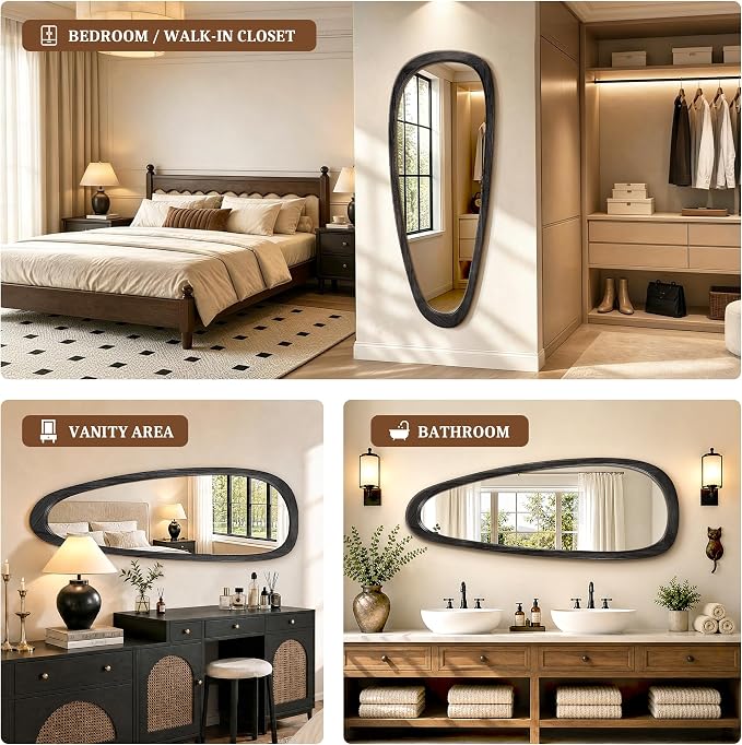 Irregular Wall Mirror, 60"x22" Full Length Mirror with Wood Frame, Large Asymmetrical Wall Mirrors for Living Room Entryway, Bathroom, Mid Century Modern Decor (Black)