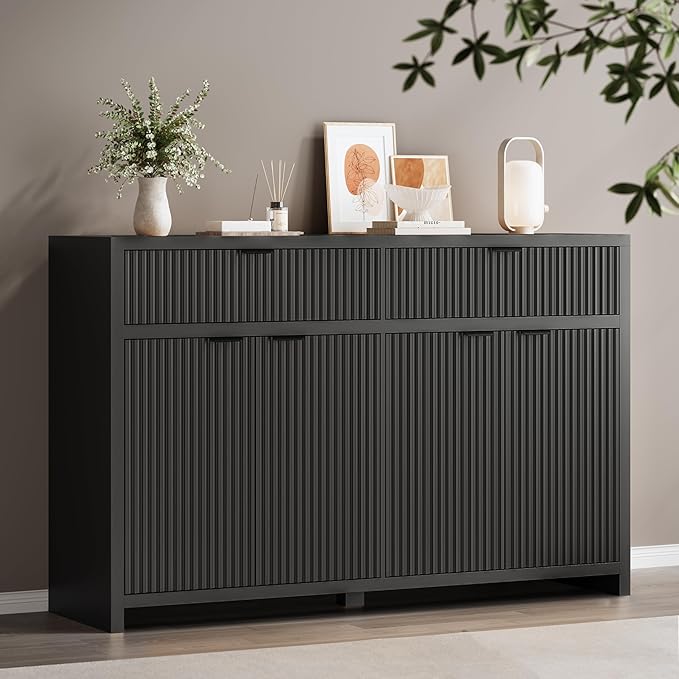 55" W Fluted Buffet Cabinet with Storage Accent Sideboard with 2 Drawers & 4 Doors,Wood Media Console Coffee Bar Table with Adjustable Shelves for Living Room,Kitchen and Dining Room