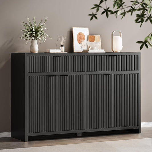 55" W Fluted Buffet Cabinet with Storage Accent Sideboard with 2 Drawers & 4 Doors,Wood Media Console Coffee Bar Table with Adjustable Shelves for Living Room,Kitchen and Dining Room