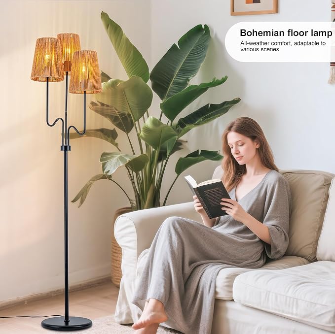 MAYNA 68" Boho Rattan Floor Lamp, 3-Light Black Tree Floor Lamp with Hand-Woven Wicker Shades, Tall Standing Lamp with Foot Switch for Living Room, Bedroom, Nursery, Rustic Farmhouse Decor